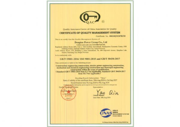 CERTIFICATE OF OUALITY MANAGEMENT SYSTEM